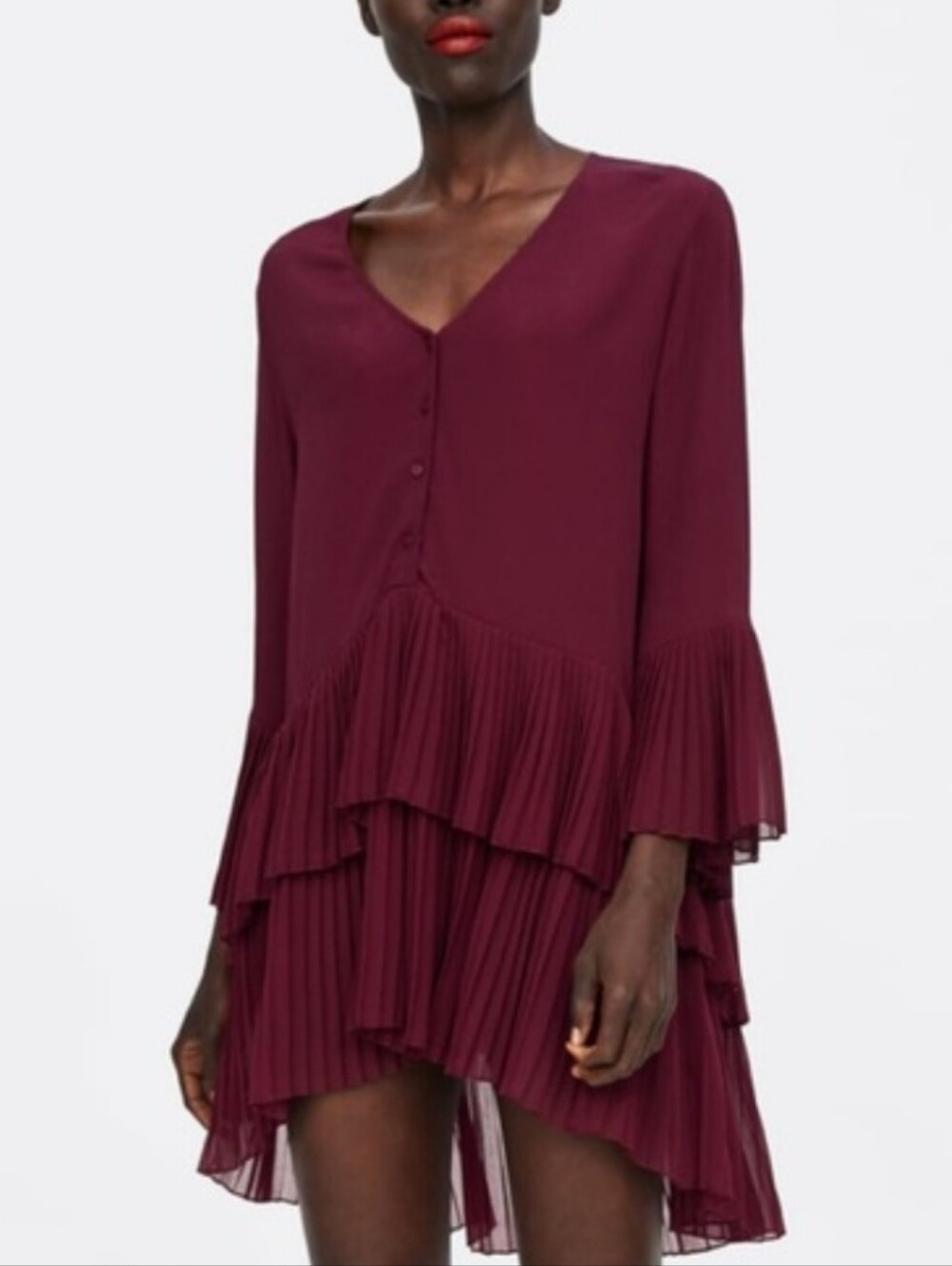 Burgundy Pleated V‑Neck Tiered Dress | Tunic Top